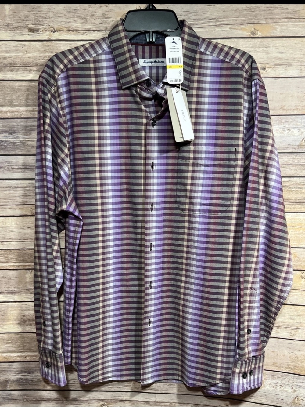 Tommy Bahama Men’s Purple Plaid Long Sleeve Button Up Shirt Silk Stretch NWT M